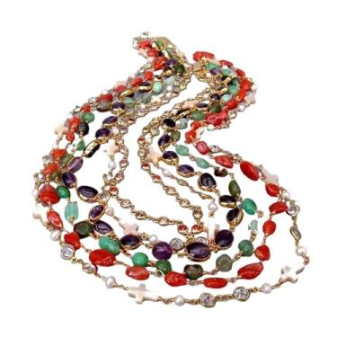 Imagem de DWBPGVUN Colar com 6 fios de ágata de sangue ametista crisoprase concha zircônia cúbica pave rosário corrente 45,7 cm