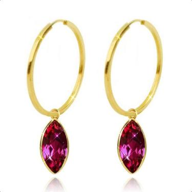Imagem de Brinco Argola Com Pingente Ouro 18k - SofistGold Joias, Vermelho rubi
