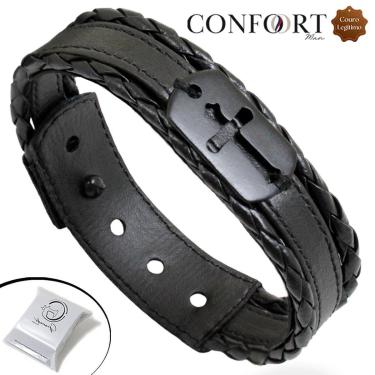 Imagem de Pulseira de Couro Preto Masculina Trançada Tag All Black Ajustável-Unissex