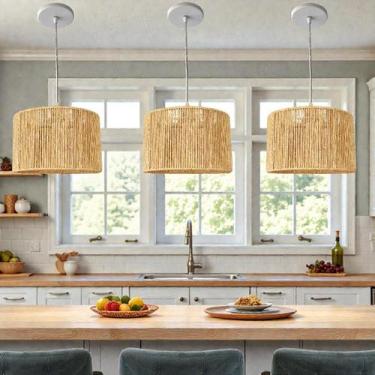 Imagem de Kit 3 Lustres Pendentes de Teto de Sisal Natural 30cm  Iluminação Arte