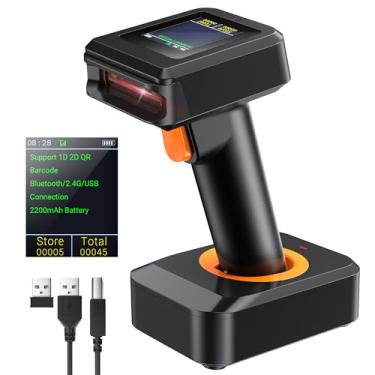 Imagem de Tera Scanner de código de barras sem fio QR 2D com tela Indicador de nível de bateria e exibição de tempo Trabalho com Bluetooth 2,4G Wireless 2200mAh Base de carregamento de bateria grande para modelo de armazém HW0006