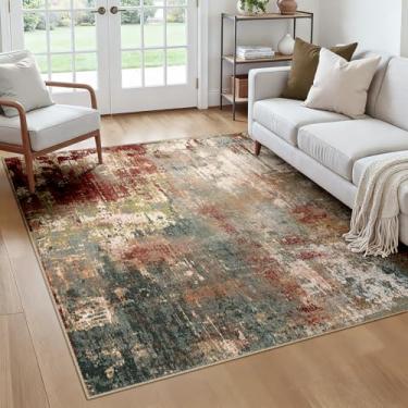 Imagem de RELEANY Tapetes laváveis, quadrados, 1,8 m, antiderrapante, moderno, abstrato, macio para sala de estar, entrada, quarto, berçário, estampado, marrom, ferrugem, vermelho, verde, azul, multi