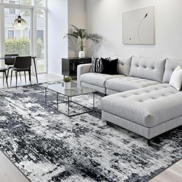 Imagem de RELEANY Tapetes laváveis 18 x 25 cm antiderrapantes modernos abstratos macios para sala de estar, entrada, quarto, berçário, estampa impressa, preto e cinza