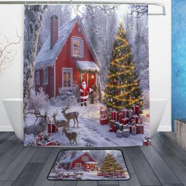 Imagem de xigua Conjunto de tapetes de cortina de banho feliz ano novo 2 peças, conjunto temático de banheiro (152 x 182 cm) com cortina de chuveiro e tapete antiderrapante -12 ganchos245