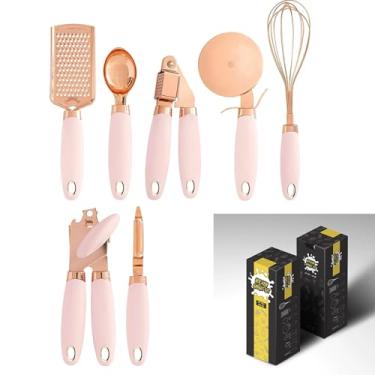 Imagem de Conjunto de Utensílios Cozinha 7 Peças com Revestimento Cobre Aço Inoxidável Cabos Macios descascador batedor ovos cortador pizza jarra prensador alho colher ralador Armazenamento alta e baixa tempera