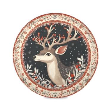 Imagem de STAYTOP Jogo americano redondo de rena de Natal estilo vintage, 6 peças, tapetes de mesa antiderrapantes fáceis de limpar para decoração de mesa de festa de churrasco em casa