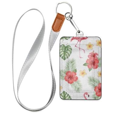 Imagem de Burbuja Porta-crachá de couro com cordão, etiqueta de identificação de flamingo de flor tropical com 1 janela transparente para identidade e 2 compartimentos para cartão para escritório, enfermeira