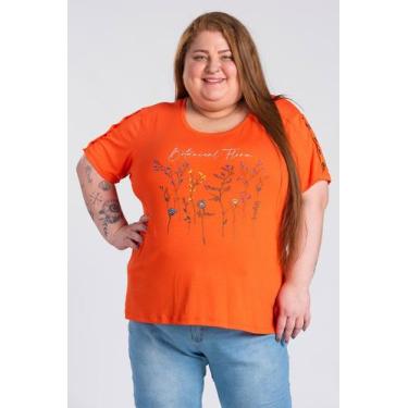 Imagem de Blusa Feminina Plus Size Malha Viscose Estampa Flores - Serena, Laranj