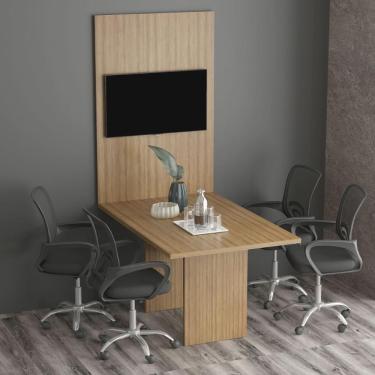 Imagem de Conjunto Mesa De Escritório Reunião 136cm Com Painel Para Tv Multimóveis Cr25338 Amêndoa