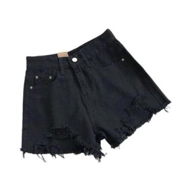 Imagem de Shorts Jeans Feminino Cintura Alta Rasgado Com Franjas E Bolsos Estilo