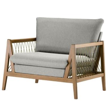 Imagem de Poltrona Com Braço Pleno Algodão Cinza Madeira Cedro Corda Chata Poliéster Palha