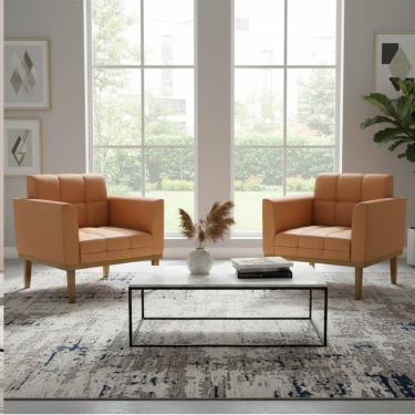 Imagem de Poltrona Sala Decorativa Kit 2 Elisa Base Madeira Castanho Sintético PU Whisky D03 - D'Rossi