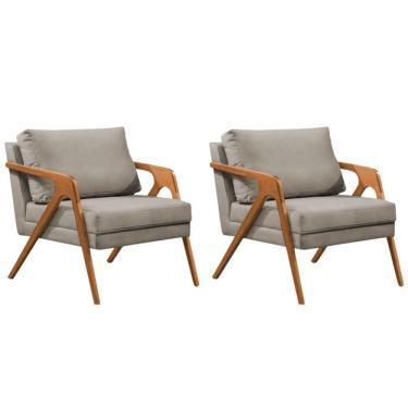 Imagem de Conjunto 2 Poltronas Sala De Estar Monique Madeira Cerejeira Bege Veludo