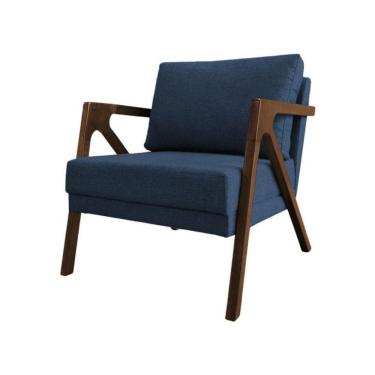 Imagem de Poltrona Sala De Estar Base Madeira Maciça Monique Azul Linho