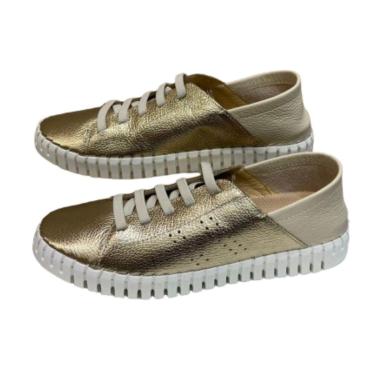 Imagem de Tênis Dourado C/ Bege Couro Macio Cadarço Ajustável-Feminino