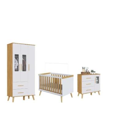 Imagem de Quarto Completo Bebe Moveis Peroba Sky Retro Berço 3x1 MDF, Branco Amê