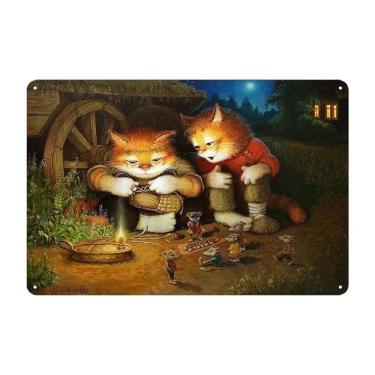 Imagem de Pintura em ferro, decoração de parede, desenhos animados vintage, gatos e ratos