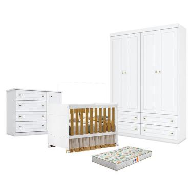 Imagem de Quarto De Bebê Americano 4 Portas Com Berço Americano Katatau Branco Acetinado Savana - Reller - Henn E Colchão Gazin