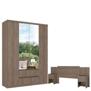 Imagem de Guarda Roupa Solteiro Nobre Slim Glass 4 Portas Rustic Acetinado E Cabeceira Com Mesas De Cabeceira Formosa Rustic- Thb