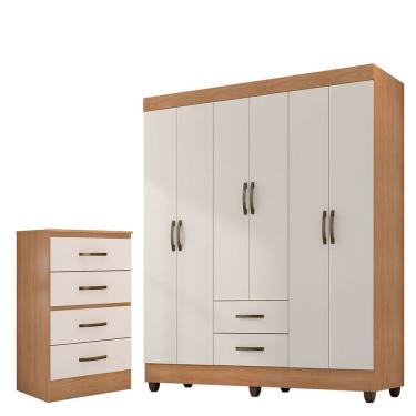 Imagem de Kit Guarda Roupa Casal com Cômoda 6 Portas de Bater 4 Gavetas Lisa em MDP com Prateleir...