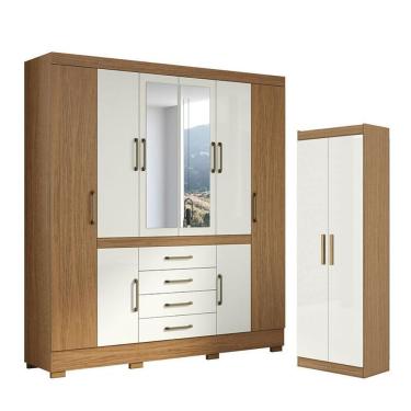 Imagem de Kit Guarda Roupa Casal Nápole 8 Portas 4 Gavetas MDP Off White + Armário Multiuso 2 Portas Off White