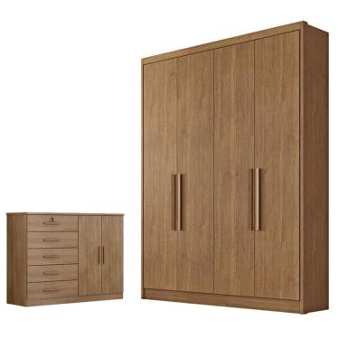 Imagem de Kit Guarda Roupa Solteiro Sevilha 4 Portas 3 Gavetas MDF Cumaru 23 e Cômoda Seul Cumaru 23