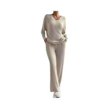 Imagem de Conjunto De Pijama Feminino Casual Em Malha Canelada Com Decote Em V E