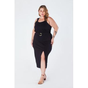 Imagem de Saia Plus Size Midi com Fenda Frontal Cintura com Elástico e Cinto Dec