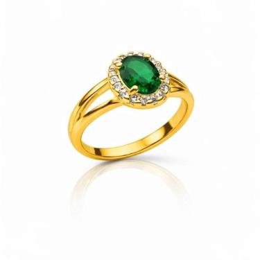 Imagem de Anel Formatura Cristal Verde Cravejado Zircônia Banhado a Ouro 18k TAM