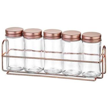 Imagem de Porta Tempero Com Suporte Aramado Rose Gold 5 Potes De Vidro - Hauskra