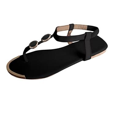 Imagem de Sandálias femininas casuais de verão confortáveis sandálias boêmias casuais com tiras sandálias planas de praia retrô com clipe nos dedos dos pés, Z02 - Preto, 6.5-7