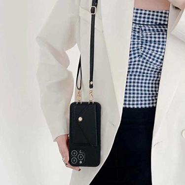 Imagem de Carteira de bolso de cartão crossbody para iPhone 11 12 13 14 Pro Max X XR XS Max 7 8 Plus Alça de Couro Capa Traseira, Preto, Para iPhone12 MINI