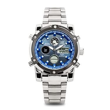 Imagem de Stauer Relógio cronógrafo masculino Blue Stone de aço inoxidável – Relógio analógico e digital com mostrador azul com pulseira de aço inoxidável – Relógio de tempo duplo com submostradores de LED –
