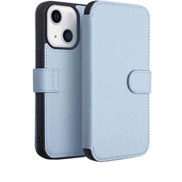 Imagem de KOSSMA Capa de telefone de carteira de couro genuíno, para Apple iPhone 13 (2021) 6,1 polegadas botão magnético folio capa à prova de choque [porta-cartão] (Cor: azul de pico)