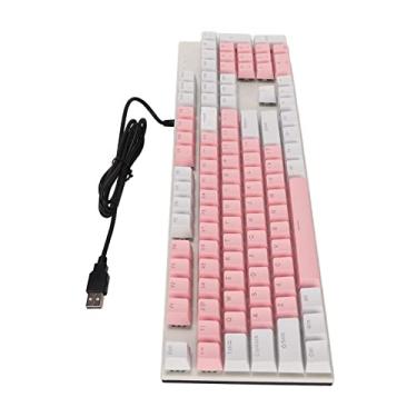 Imagem de Teclado mecânico, teclado mecânico para jogos ergonômico liga de alumínio abs 104 teclas de alta sensibilidade rgb resistente a riscos para casa para escritório (Rosa Branco)