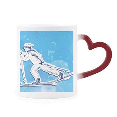 Imagem de Caneca esportiva de inverno snowboard azul e branca com ilustração sensível ao calor, caneca de grés que muda de cor vermelha