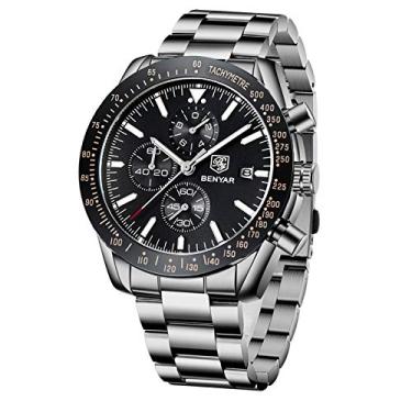 Imagem de BENYAR Relógios masculinos de quartzo, cronógrafo, moderno, de couro, pulseira analógica, data, 30 m, à prova d'água, luminoso, casual, esportivo, marca elegante, para homens, Aço - Preto, v