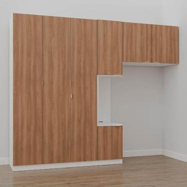 Imagem de Guarda Roupa Modulado de Solteiro com Mesa de Cabeceira Esquerda 7 Portas 3 Peças Hera Cabecasa Made Branco Geada/louro/cromado