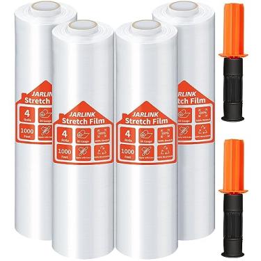 Imagem de JARLINK Filme elástico, envoltório retrátil de 38 cm x 3000 metros para palete, envoltório elástico de força industrial com alças, rolo de plástico de embalagem móvel, calibre 60, pacote com 4