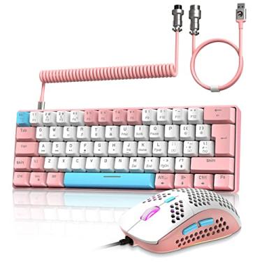 Imagem de ZIYOU LANG RK-T60 Teclado Mecânico de Jogos com Fio e Mouse Combo Portátil com Arco-íris Backlit NKRO 6400DPI RGB Honeycomb Ratos Coiled Aviator C Cabo para PC/Win Gamer (Rosa/Azul Switch