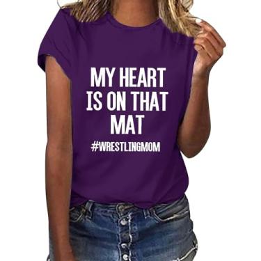 Imagem de Camiseta feminina My Heart is on That mat wrestlingmom 2024 verão casual macia com frase blusa leve, Roxa, G
