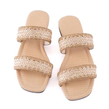 Imagem de Mtzyoa Sandálias femininas casuais trançadas elegantes sandálias planas de verão com bico quadrado acolchoado, Palha bege, 38