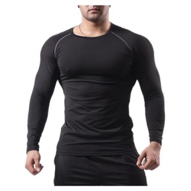 Imagem de Camisa esportiva masculina manga longa cor sólida camiseta atlética slim fit respirável, Cor 3, 3G