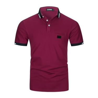 Imagem de LIUPMWE Camisas polo masculinas com bolso elegante xadrez manga curta algodão camiseta de golfe, Yt39 Vermelho, M