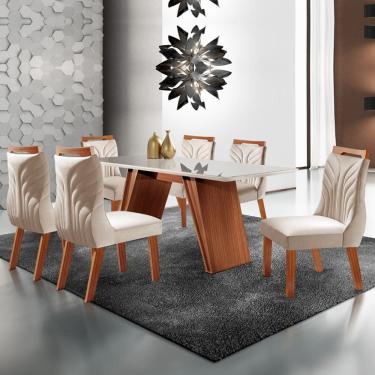 Imagem de Mesa de Jantar 6 Lugares Waterloo com Vidro Castanho Prêmio/Suede Creme - Panorama Móveis