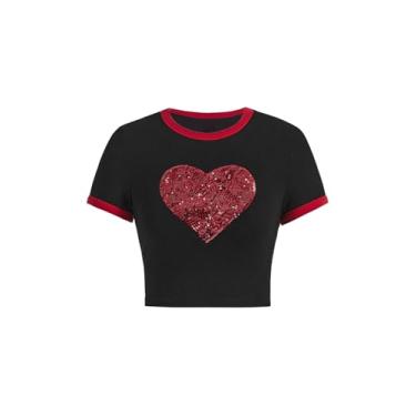 Imagem de OYOANGLE Camiseta feminina com estampa de letras de carro, manga curta, gola redonda, casual, cropped, Vermelho e preto, G