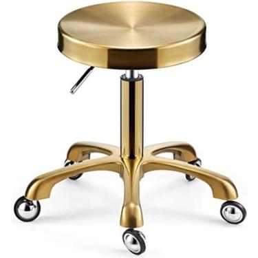 Imagem de Tamborete giratório, banco de barbeiro ajustável em altura sobre rodas, banco de metal hidráulico resistente com haste de cadeira dourada para cozinha, salão de beleza, massagem, clínica, ba