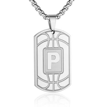 Imagem de Colar masculino com etiqueta de basquete inicial A-Z - pingente com corrente de aço inoxidável 55 cm + 5 cm - joia personalizada para atletas esportivos, Prata, Sem Pedra Preciosa