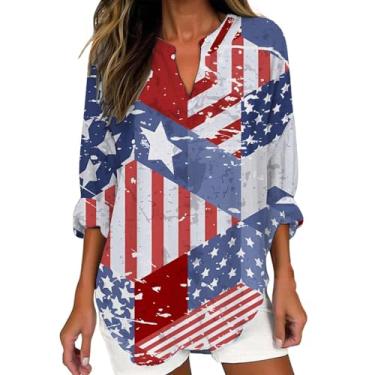Imagem de Camisetas femininas de linho de algodão 2024 de 4 de julho, camisetas de manga 3/4, enroladas, com bandeira americana, caimento solto, Vinho, XG