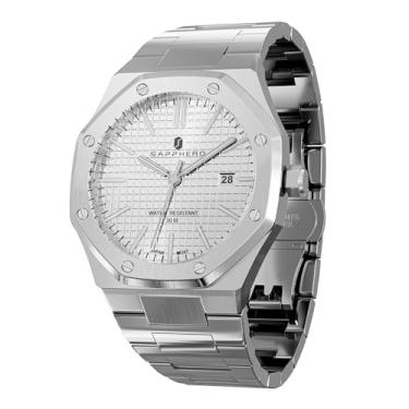 Imagem de SAPPHERO Relógios masculinos reloj para Hombre 10 Bar à prova d'água - Relógio de pulso fino moderno para homens com prata/ouro aço inoxidável elegante relógios de pulso masculinos Elegance Collection, Prateado, branco, Clássico